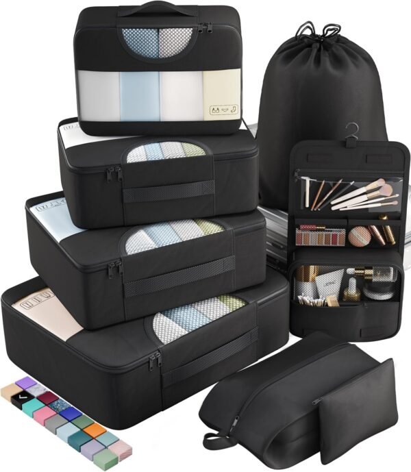 Veken 8 Set Packing Cubes for Travel Essentials, Suitcase Organizer Bags Set for Luggage, Road Trip Travel Accessories in 4 Sizes (Extra Large, Large, Medium, Small), Black