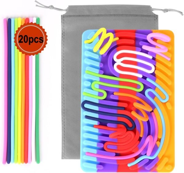 Sensory Activity Board Silicone Fidget Toy, Double Side Quiet Sensory Toys for Kids 3+ & Adults Stress/Anxiety/ADHD & Autism Calming Toy with Portable Travel Bag & 20 Strings, Rainbow Colors