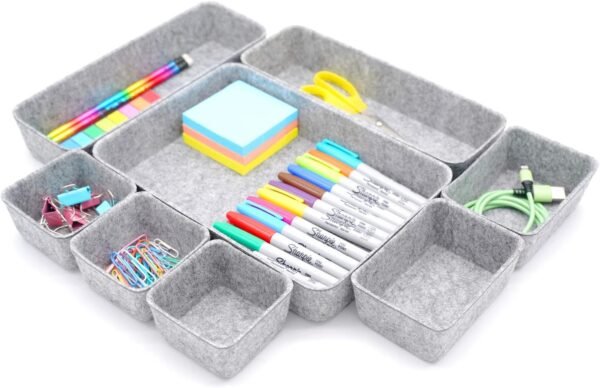 Welaxy Office Drawer Organizers Trays Drawers dividers Felt Storage Bins Organizer bin for Jewelry Cosmetic Makeup Junk Silverware pens Art Crafts Tools Sturdy Flexible Bins,Pack 8 (Gray)