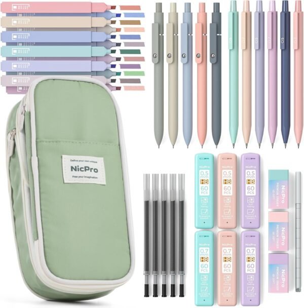 Nicpro 39 PCS Aesthetic School Supplies with Big Capacity Pen Case, 12 Color Pastel Highlighters, 5 Quick Dry Retractable Black Ink Pens, 6 Pastel Mechanical Pencil 0.5 & 0.7 mm for Student Stationary