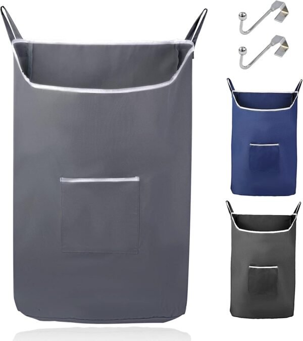 The Fine Living Co. X-Large Hanging Laundry Hamper with Over Door Hooks & Adhesive, Durable Space Saving Laundry Bag with Zipper and Wide Open Top,Hanging Dorm Laundry Hamper 20"x3.75"x31" (Gray-XL)
