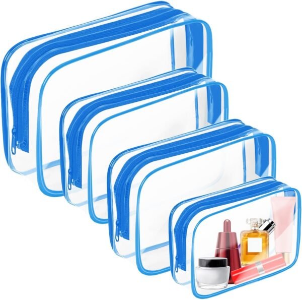 AURUZA 4 Pack Clear Toiletry Bag,Portable Travel Makeup Bags with Zipper, TSA Approved Clear Organizer Bags, PVC Cosmetic Pouch for Airport Airline Compliant (4 Packs Blue)