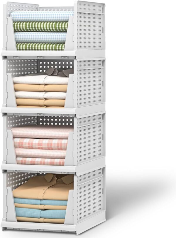 Stackable Plastic Storage Basket, Foldable Closet Organizers and Storage Bins Drawer Shelf Storage Container for Wardrobe Kitchen Bathroom Office，Closet Organizers with Shelf Storage