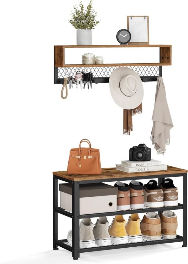 VASAGLE Coat Rack Shoe Bench Set, Hall Tree with Bench, Entryway Furniture, Multifunctional, Dot Coat Hooks, 2-Tier Shoe Rack, Industrial Style, for Entryway, Hallway, Rustic Brown ULCR073K01
