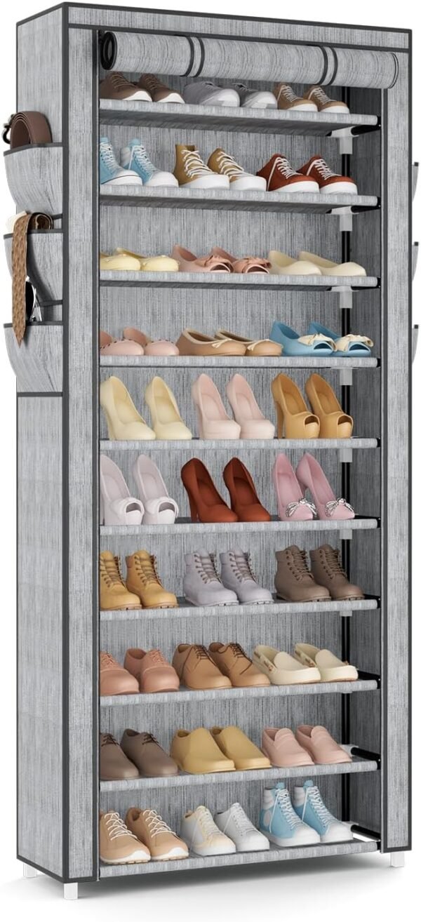 VTRIN Vertical Narrow Shoe Rack Organizer Tall Shoe Rack for Closet Entryway 10 Tier Non-Woven Cover Shoe Shelf Holds 36-41 Pairs Free Standing Shoe Storage Cabinet with Dustproof Cover, Multi Color