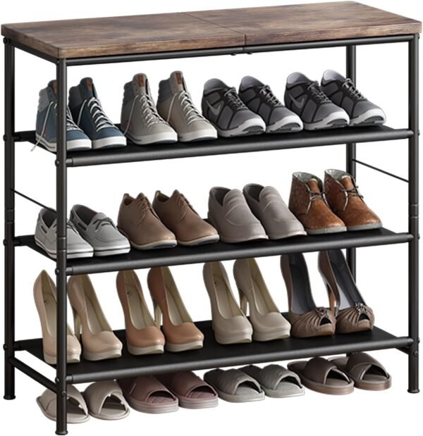 Shoe Rack Organizer 5 Tier Metal Organizer Shelf with Industrial MDF Board and Layer Fabric for Entryway Closet Bedroom Living Room Garage,Black & Rustic Brown (Black+Rustic Brown, 4 Tier)