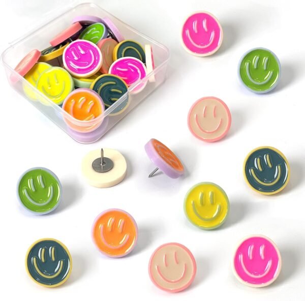 24 Smiley Face Decorative Push Pins, Cute Bulletin Board Push Pins, Thumbtacks for Cork Boards, Office Organization, or Home Décor (24-Colourful)