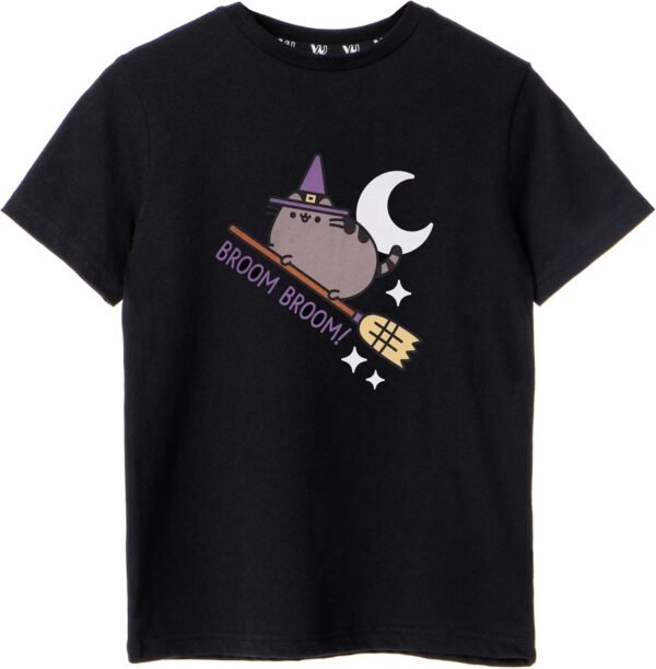 Pusheen Girls Black Short-Sleeved T-Shirt | Broom Broom Halloween | Purr-fectly Witchy Fun - Perfect for Young Fans