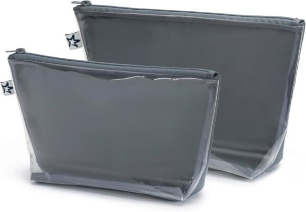 Tiny Twinkle Mess-proof Travel Bags, Airline Compliant, Zipper Closure, Clear Front Pouch, Diaper Bag Packing, Toiletry or Cosmetics Organizer 2 Pack Set (Charcoal)