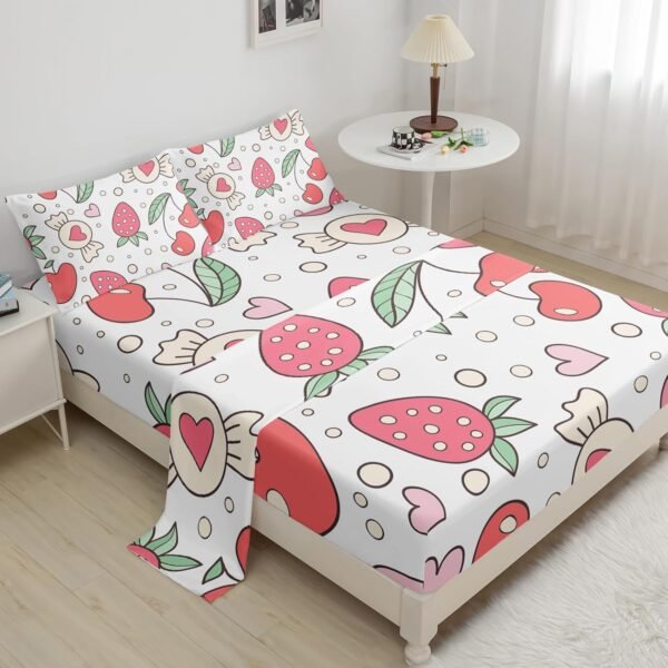 Candy Kids Sheets TwinSize,Strawberries Kids Bed Sheets,CherriesCandy Strawberries Cherries Sheet Pillow Sham Set, Fitted Sheet+Bed Sheet+2 Pillowcases
