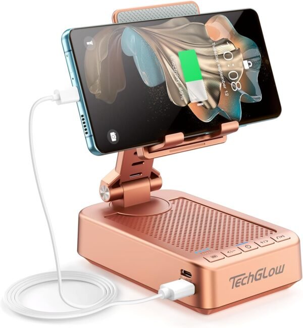 TechGlow Gifts for Men Women Foldable Cellphone Stand with Bluetooth Speaker Power Bank 360° Rotatable Phone Stand Birthday Gift Idea for Mom Dad Cool Tech Gifts-Rose Gold