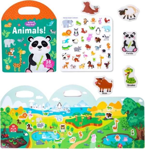 Portable Jelly Sticker Quiet Book for Kids, Reusable Sticker Book for Toddlers, Preschool Learning Activities, Animal Travel Toys (Animals)