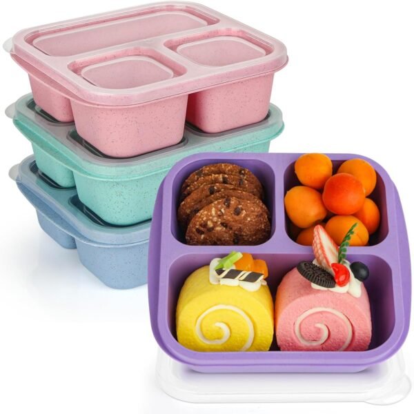 Snack Box Containers 4 Pack, 3 Compartments Bento Box for Kids, Lightweight Adults Lunch Containers, Meal Prep Containers Reusable BPA Free (wheat)