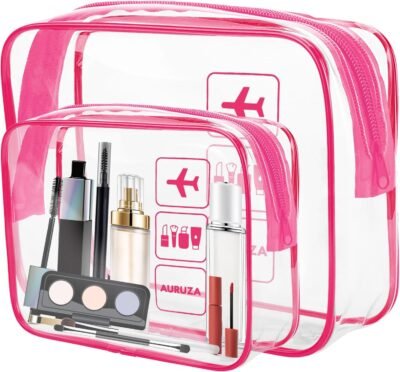 AURUZA 2 Pack TSA Approved Toiletry Bag, Clear Makeup Bag,Travel Cosmetic Bag with Zipper,Clear Organizer Carry on Bag for Women,PVC Cosmetic Pouch for Airport Airline Compliant