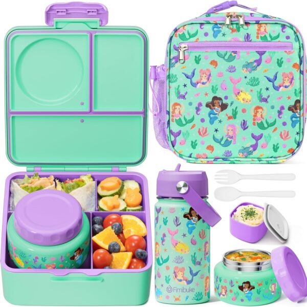 Fimibuke Bento Box for Kids Adult - Leakproof 3-4 Compartments Lunch Bento Box Set with Insulated Thermos Food Jar, Water Bottle, Lunch Bag, Sauce Cup & Cutlery for Toddler Teen Shcool Girl Boy Age 3+