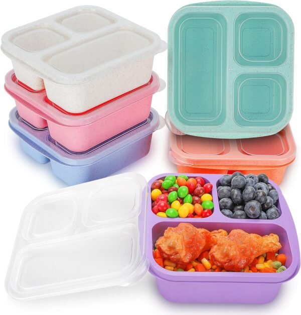 Bento Box For Kids - 6 Pack 3 Compartments Meal Prep Containers Reusable Wheat Straw Lunchable Containers, Snack Containers Snack Box For Adults, Bento Box Kids Lunch Box