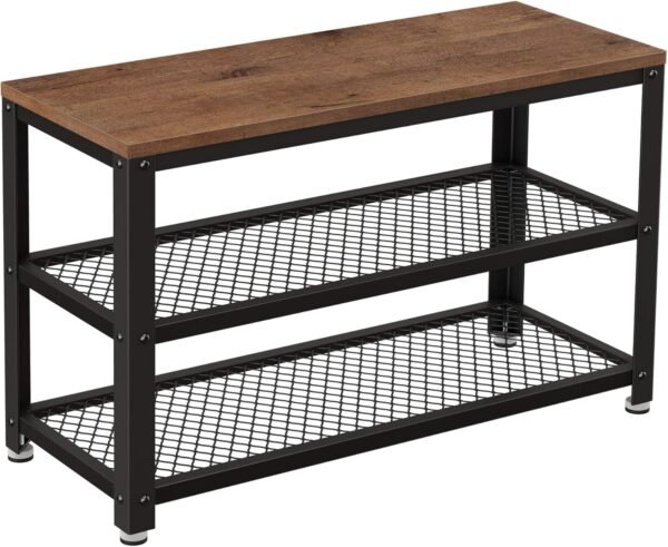 VASAGLE, 3-Tier Shoe Rack, Shelf Storage Bench with Metal Mesh Shelves and Seat, Free Standing Shoe Organizer for Entryway, 11.8 x 28.7 x 17.7 Inches, Hazelnut Brown and Black ULBS073B03
