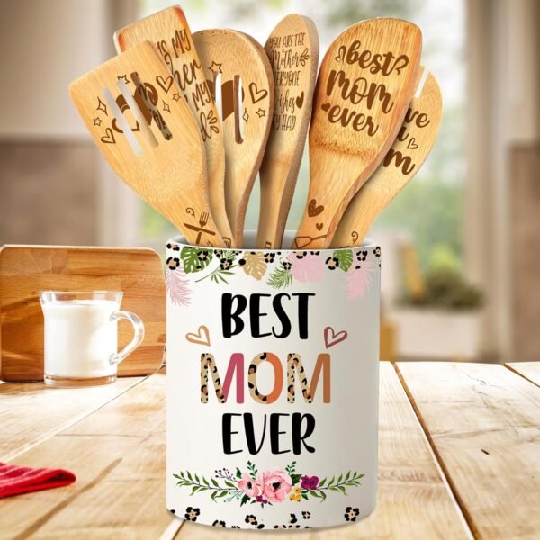Gifts for Mom, Christmas Mom Gifts from Daughter Ceramic Utensil Holder with Wooden Spoons Set, Mom Gifts from Daughters Son, Cooking Tools Kitchen Utensils Set with Wooden Spatulas for 6