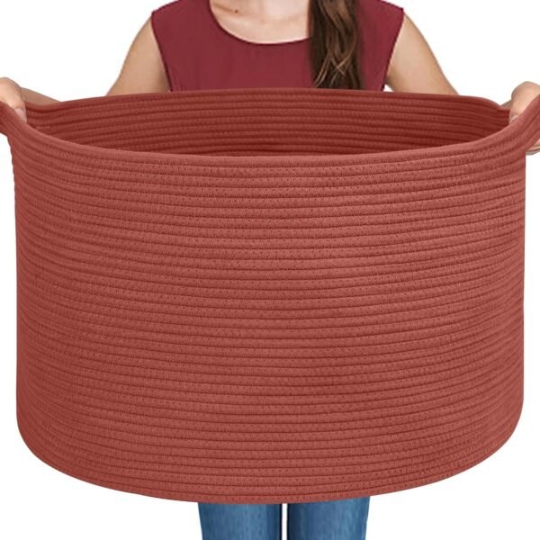 Extra Large Storage Basket, 22" X 14" Blanket Storage Living Room, Brick Red Woven Cotton Rope Bin for Organizing, Wicker Baby Kids Toy Bin Box, Dirty Clothes Laundry Basket, Pillow Organizer