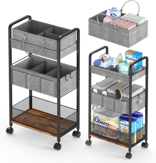 2In1 Baby Diaper Caddy & 3-Tier Rolling Diaper Cart, Diaper Caddy Organizer Cart with Dividers, Mobile Metal Utility Cart for Nursery Essentials, Detachable Bedside Cart, Large Capacity