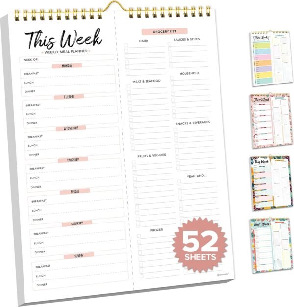Decorably 52 Sheets Minimal Pink Undated Meal Prep List for Fridge with Strong Magnets, 8.5x11in Spring-Bound Magnetic Meal Planner and Grocery List - Fridge, Gift