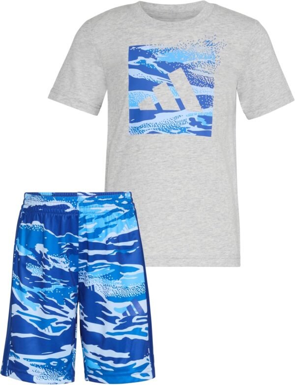 adidas Boys Short Sleeve Cotton Heather Tee Shirt and Aop Camo Short Set