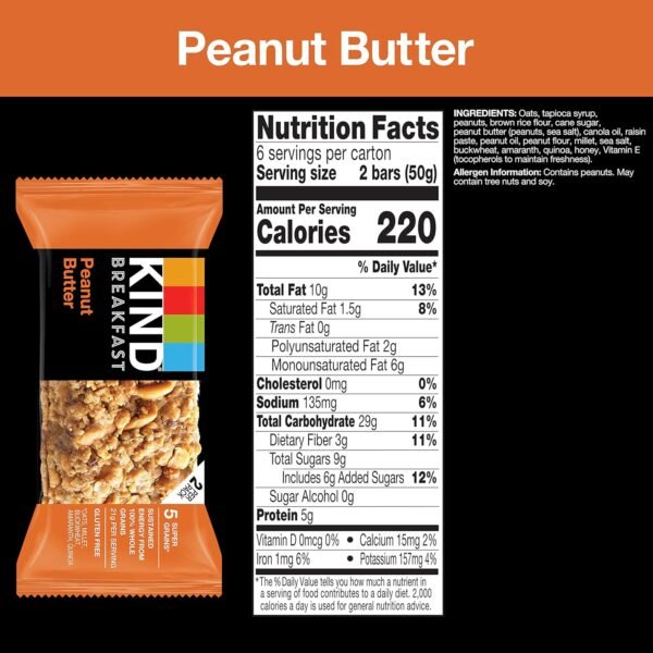 KIND Breakfast Bars, Peanut Butter, Healthy Snacks, Gluten Free, 5g Protein, 6 Count (Pack of 2)