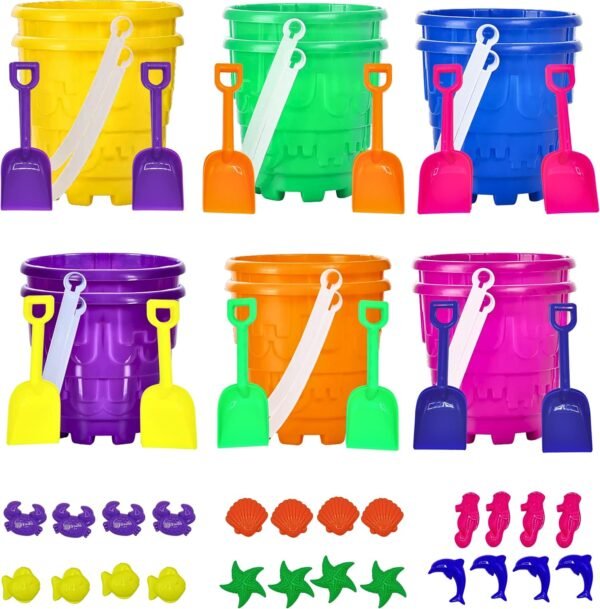 4E's Novelty 12 Sets Beach Toys - Includes 12 Sand Buckets, 12 Shovels, 24 Sand Molds for Kids - Small 5.75" Beach Buckets Bulk for Summer Party Favors, End of Year Student Gifts Toys