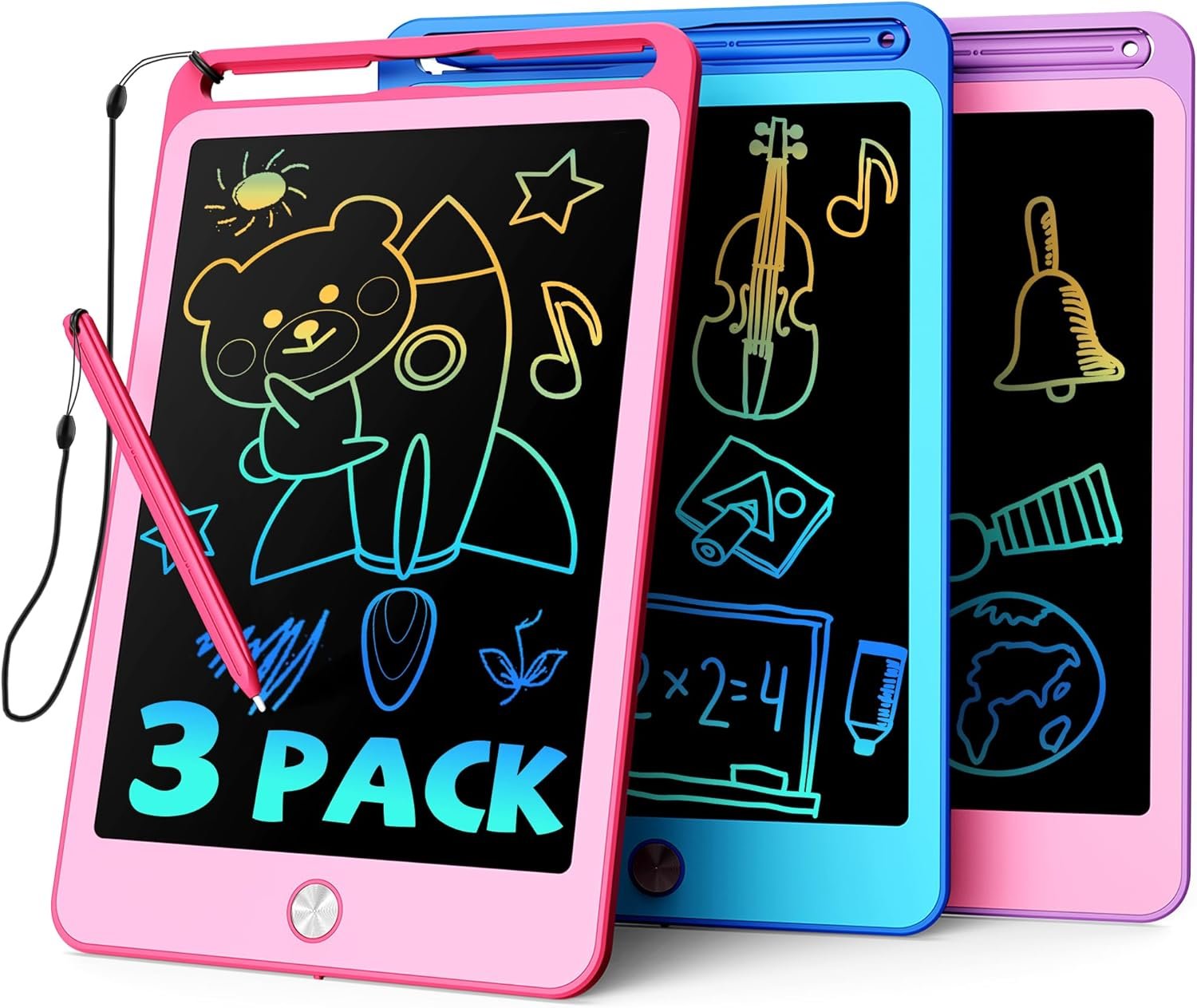 TEKFUN 3 Pack LCD Writing Tablet for Kids, 8.5 Inch Blue+Pink+Purple Doodle Board Drawing Board Reusable Drawing Tablet with Lanyard, Educational Kids