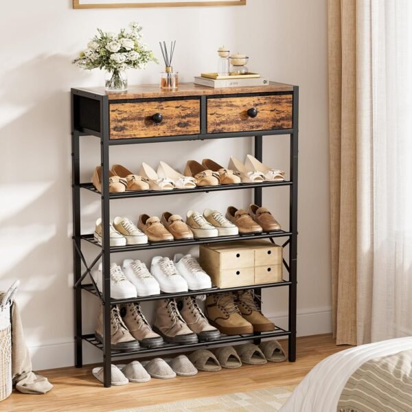 Shoe Rack for Entryway, 5 Tier Shoe Organizer with 2 Non-woven Drawers, Metal Storage Shoe Shelf for 16-20 Pairs of Shoes, with Wooden Top and Steel Frame, Shoe Stand for Closet Rustic Brown