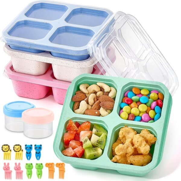 Bento Snack Boxes 4 Pack, Reusable Bento Boxes Kids Adults with 4 Compartments & Fork, Lunch Snack Containers, Wheat Straw Meal Prep Lunch Box, Divided Food Storage Containers for School Work Travel