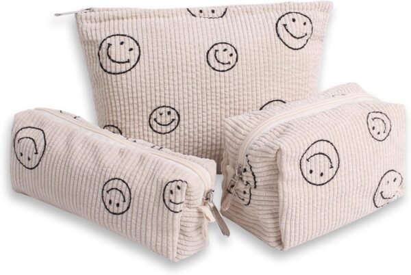 Cosmetic Bags for Women - Corduroy Cosmetic Bag Aesthetic Women Handbags Purses Smile Dots Makeup Organizer Storage Makeup Bag Girls Case Bags (3PCs Beige)