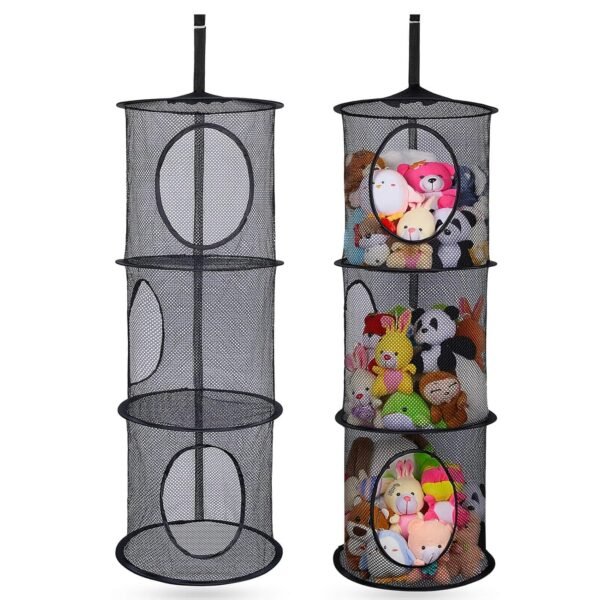 Basumee Stuffed Animals Net or Hammock 2 Pcs Stuffed Animals Storage Toy Net Hammock for Plushies Storage Organizer Mesh Kids Girls Room Decor, Black, 3 Tiers
