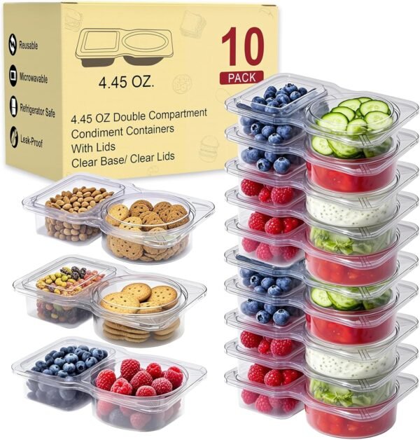 Reusable Meal Prep Containers & Snack Box Containers – 2 Compartment Bento Box with Lids, Double Condiment Containers, Portable Snackle Box for Food Storage, Lunch, Travel, Office (Set of 10)