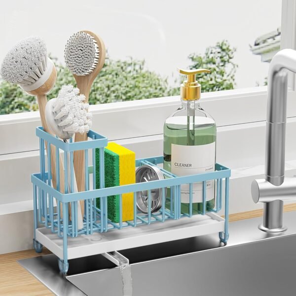 Cisily Blue Sponge Holder for Kitchen Sink, Sink Caddy Organizer with High Brush Holder, Kitchen Countertop Organizers and Storage Essentials, Rustproof 304 Stainless Steel, Soap Dispenser Organize