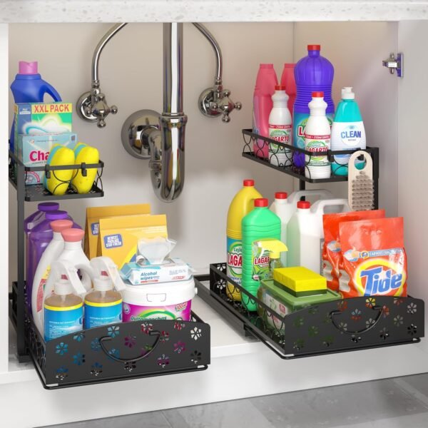 2 Pack Under Sink Organizer, Adjustable Height Metal Under Kitchen Cabinet Organizer, 2-Tier Sliding Shelf Storage, Multi-Use for Under Kitchen Bathroom Sink Organizers and Storage, Black