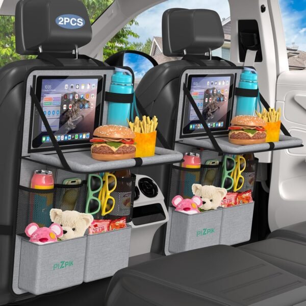 Car Backseat Organizer with Tablet Holder,11 Storage Pockets with Foldable Food Tray, Protector Kick Mats for Kids, Travel Accessories Organizer (Gray, 2Pack)