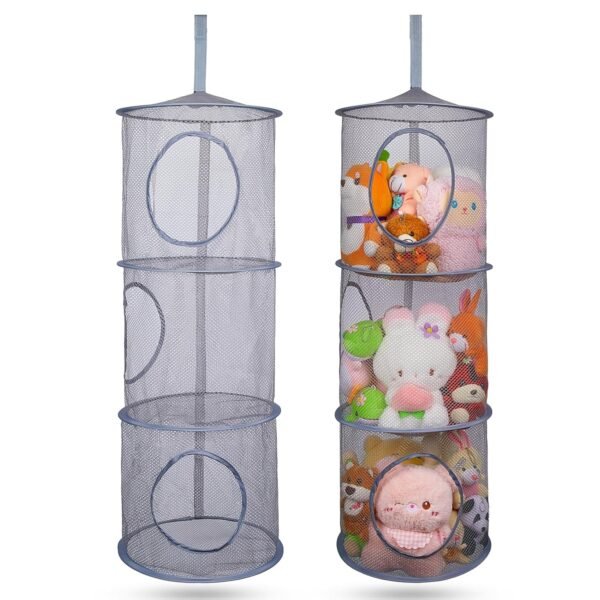 Basumee Stuffed Animals Net or Hammock 2 Pcs Stuffed Animals Storage Toy Net Hammock for Plushies Storage Organizer Mesh Kids Girls Room Decor, Gray, 3 Tiers