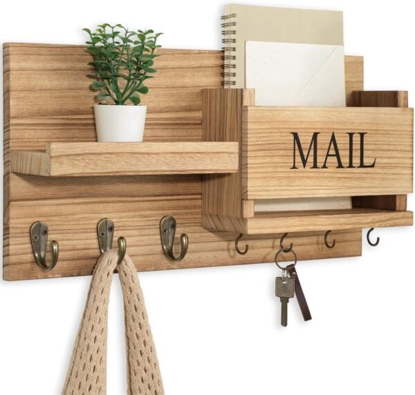 Mail Organizer for Wall Mount – Key Holder with Shelf Includes Letter Holder and Hooks for Hallway Farmhouse Decor – Rustic Wood with Flush Mounting Hardware (16.5” x 9.1” x 3.4”) (Wood)