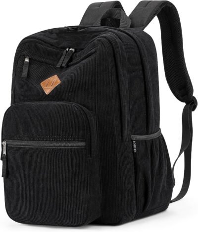 ZORFIN 26L Backpack for School, College, and Travel: Corduroy Bookbag with 8 Compartments - Black