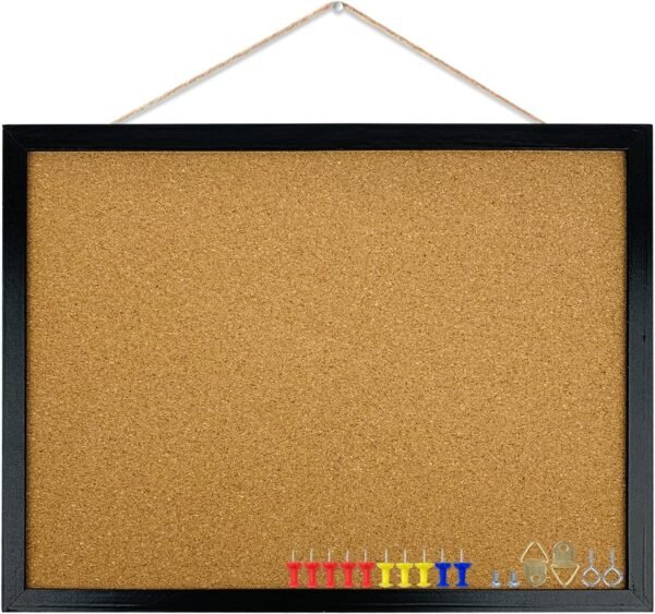 GDMINLO Black Cork Bulletin Board, 17.7 X 13.3 inches with Oak Wood Finish Frame, for Wall Office Home and School (Pins, Eye Bolts, gaskets, Screws)