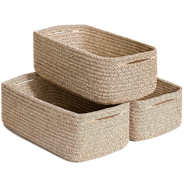 Goodpick Storage Baskets, Small Baskets for Gifts Baskets for Shelves Basket Closet Shelf Organizer Rope Baskets for Organizing for Towels 3 Pack, White & Brown, 11 x 7 x 4.5 in