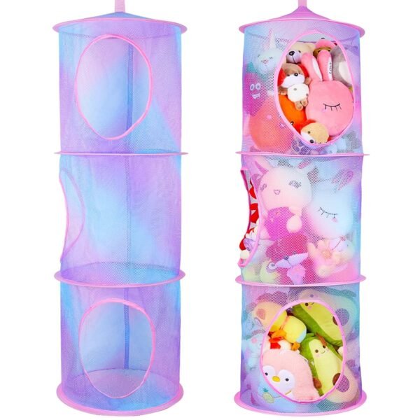 Basumee Stuffed Animals Net or Hammock 2 Pcs Stuffed Animals Storage Toy Net Hammock for Plushies Storage Organizer Mesh Kids Girls Room Decor, Blue and Purple, 3 Tiers