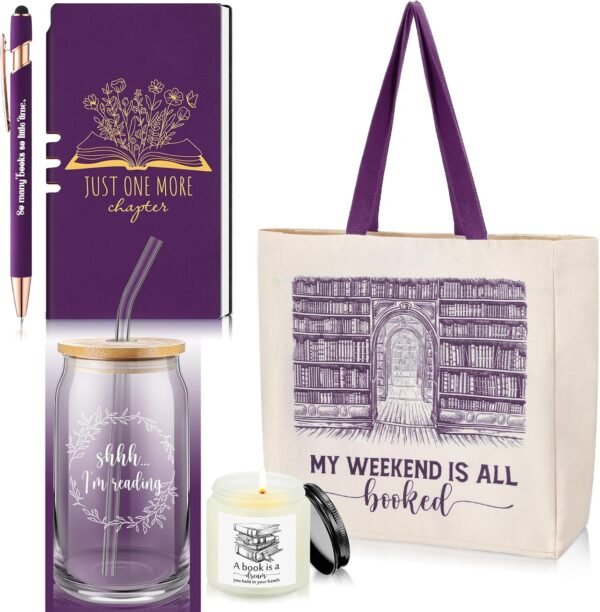 Set of 5 Book Lovers Gifts for Women 16oz Drinking Glass Scented Candle Canvas Tote Bag A6 Journal with Ballpoint Pen for Reader Librarian Bookish Student Teacher Birthday Gifts(Purple)