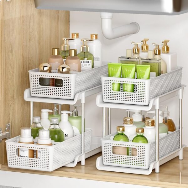 Bathroom Organizer with Dividers, 2Pcs 2 Tier Stackable Under Sink Organizers and Storage Cabinet Organizers for Bathroom Kitchen Pantry Organization and Storage, Medicine Cabinet Organizer