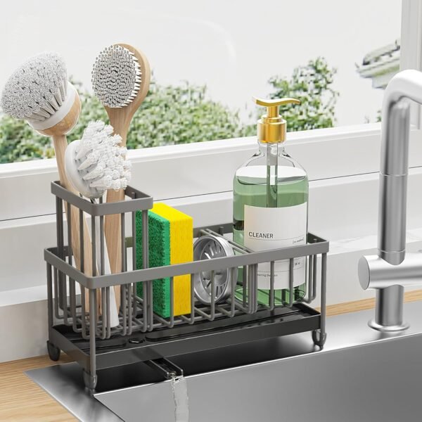 Cisily Grey Sponge Holder for Kitchen Sink, Sink Caddy Organizer with High Brush Holder, Kitchen Countertop Organizers and Storage Essentials, Rustproof 304 Stainless Steel, Soap Dispenser Organize