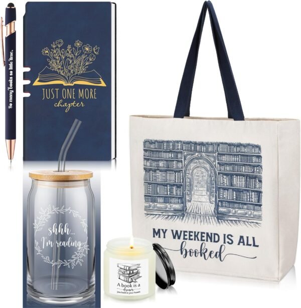 Set of 5 Book Lovers Gifts for Women 16oz Drinking Glass Scented Candle Canvas Tote Bag A6 Journal with Ballpoint Pen for Reader Librarian Bookish Student Teacher Birthday Gifts(Blue)