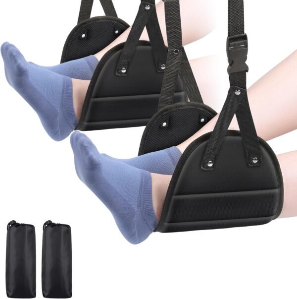 Airplane Foot Hammock 2-Pack Travel Essentials, Portable Foot Hammock for Plane Travel, Memory Foam Foot Rest for Air Travel, Desk Foot Rest, Black+Black