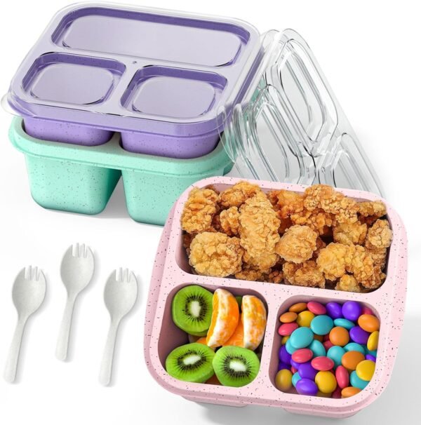 Snack Boxes (3 Pack), Meal Prep Containers Reusable, Stackable Bento Boxes with 3 Compartments, BPA Free Lightweight Lunch Containers for Kids and Adults (purple/green/pink)