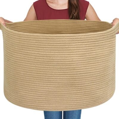 Extra Large Storage Basket, 22" X 22" X 14" Stuffed Animal Basket for Living Room Kids Room, Soft Cotton Rope Bin With Handle, Throw Blanket Storage, Stuffed Animal Toy Organizer Box